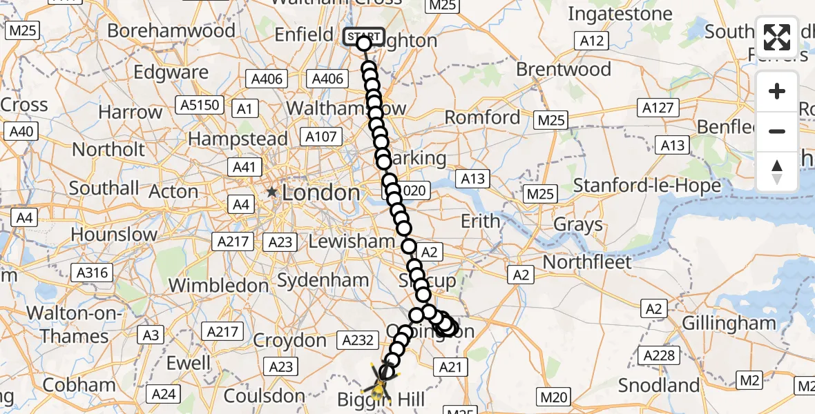 Flight route Police Helicopter Sewardstonebury - London Biggin Hill Airport, 04 July 2026, 18:28