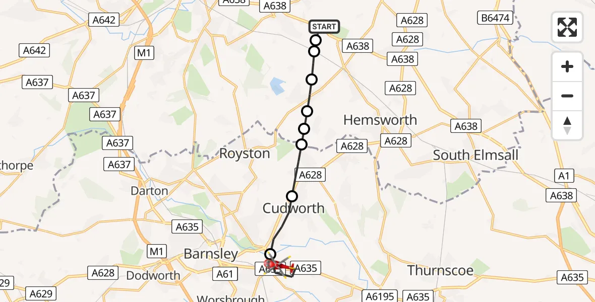 Flight route Air Ambulance Helicopter YAA Nostell Helicopter Port - Barnsley, 04 July 2026, 18:42