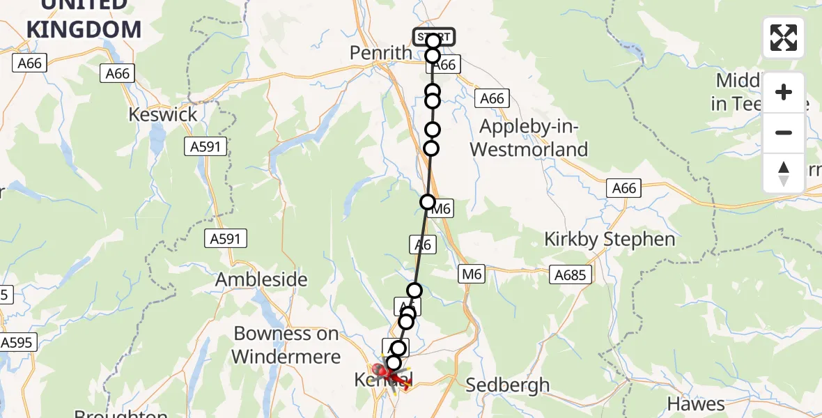Flight route Air Ambulance Helicopter Langwathby - Kendal, 04 July 2026, 18:49