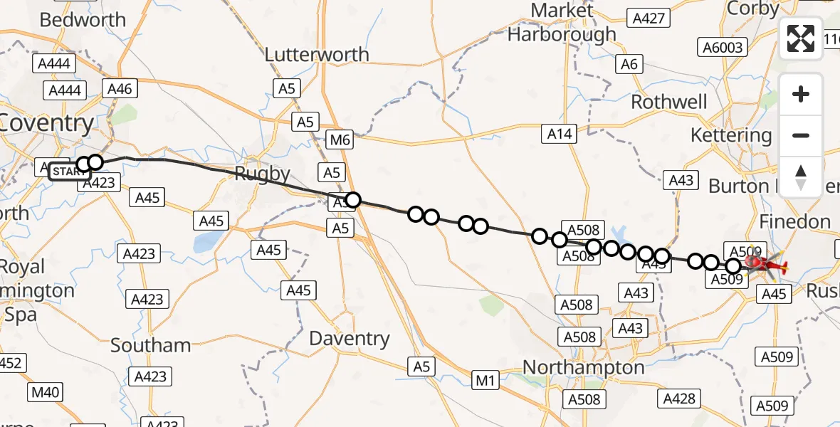 Flight route Air Ambulance Helicopter Coventry Airport - Wellingborough, 04 July 2026, 18:52