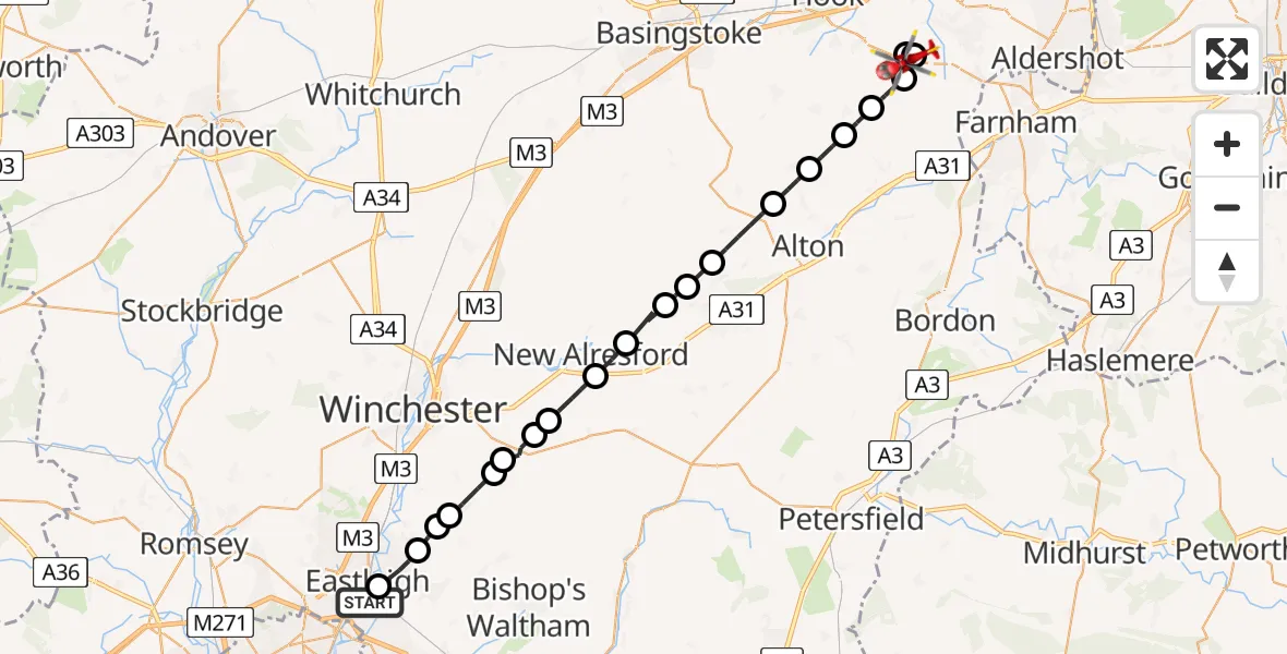 Flight route Air Ambulance Helicopter Southampton Airport - Odiham, 04 July 2026, 19:05