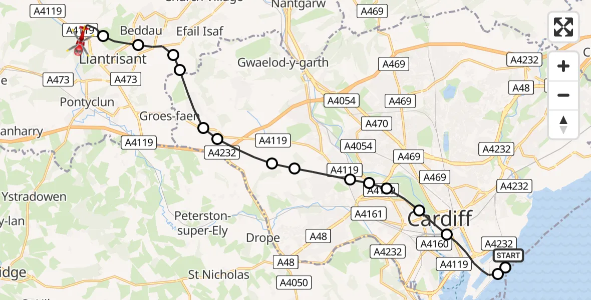 Flight route Air Ambulance Helicopter Cardiff Heliport - Llantrisant, 04 July 2026, 19:26