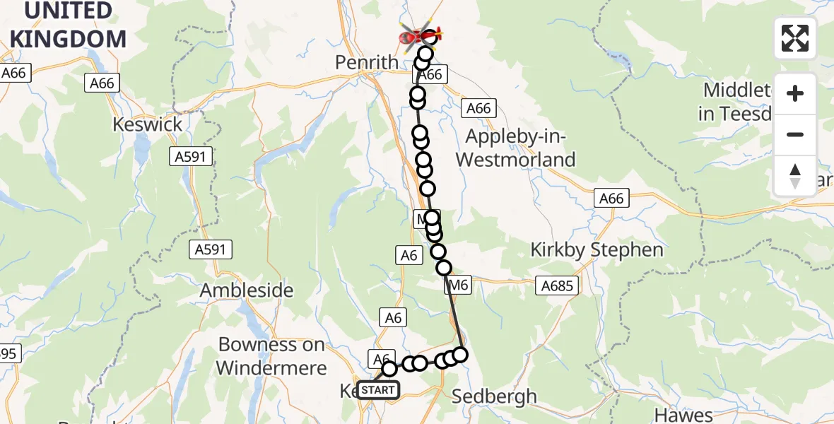 Flight route Air Ambulance Helicopter Kendal - Skirwith, 04 July 2026, 19:31