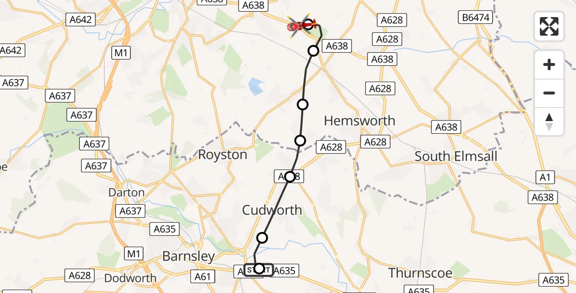 Flight route Air Ambulance Helicopter Barnsley - YAA Nostell Helicopter Port, 04 July 2026, 19:45