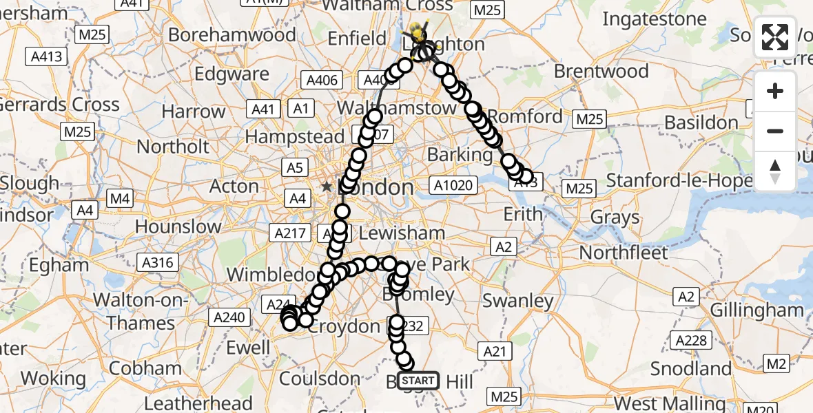 Flight route Police Helicopter Chelsham and Farleigh - Sewardstonebury, 04 July 2026, 19:52