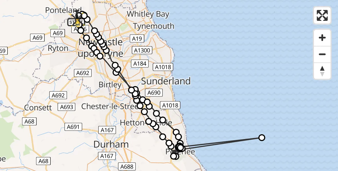 Flight route Police Helicopter Woolsington - Newcastle International Airport, 04 July 2026, 20:02