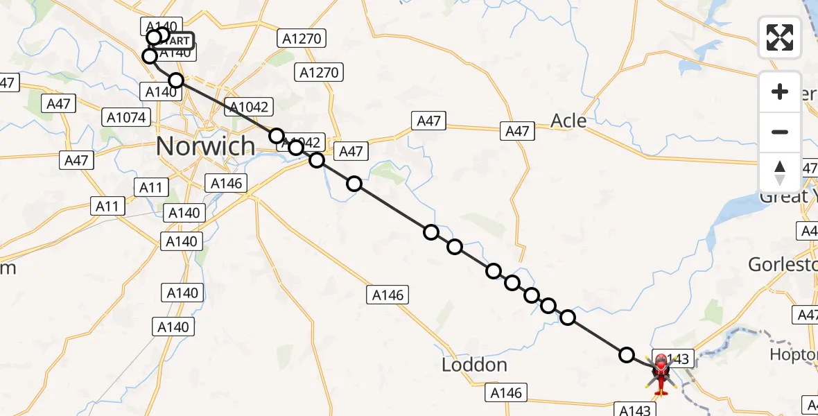 Flight route Air Ambulance Helicopter Norwich Airport - Haddiscoe, 04 July 2026, 20:02