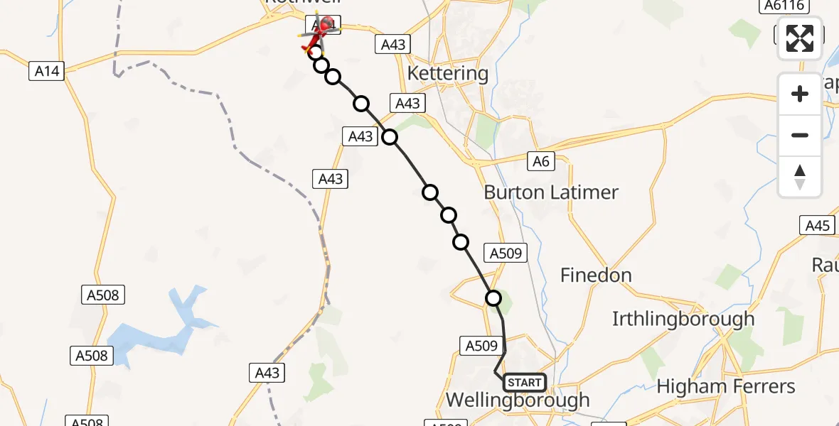 Flight route Air Ambulance Helicopter Wellingborough - Rothwell Lodge Farm Airstrip, 04 July 2026, 20:06