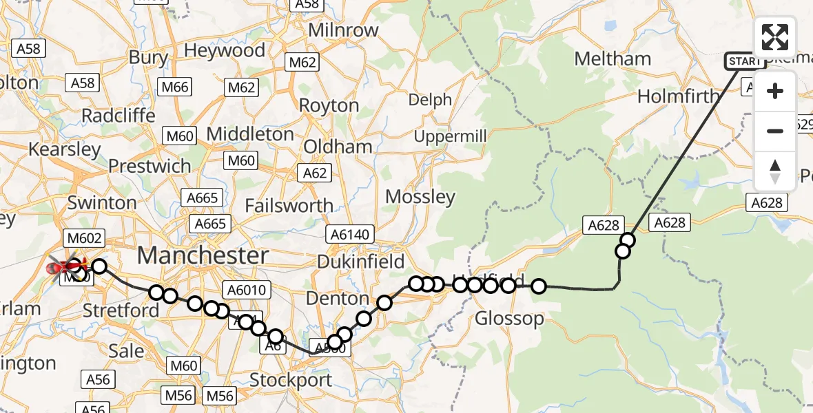 Flight route Air Ambulance Helicopter Kirkburton - Irlam, 04 July 2026, 20:07