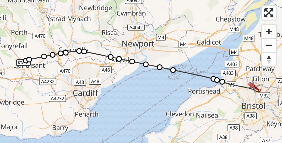 Flight route Air Ambulance Helicopter Royal Glamorgan Hospital Heliport - Bristol, 04 July 2026, 20:26