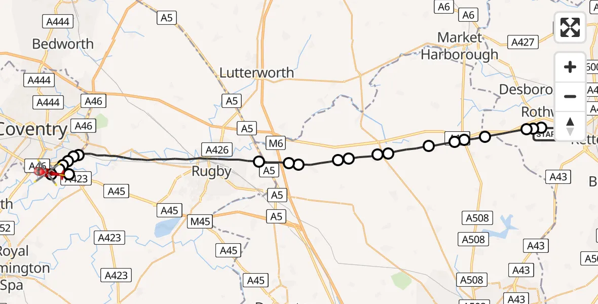 Flight route Air Ambulance Helicopter Loddington - Coventry Airport, 04 July 2026, 20:57