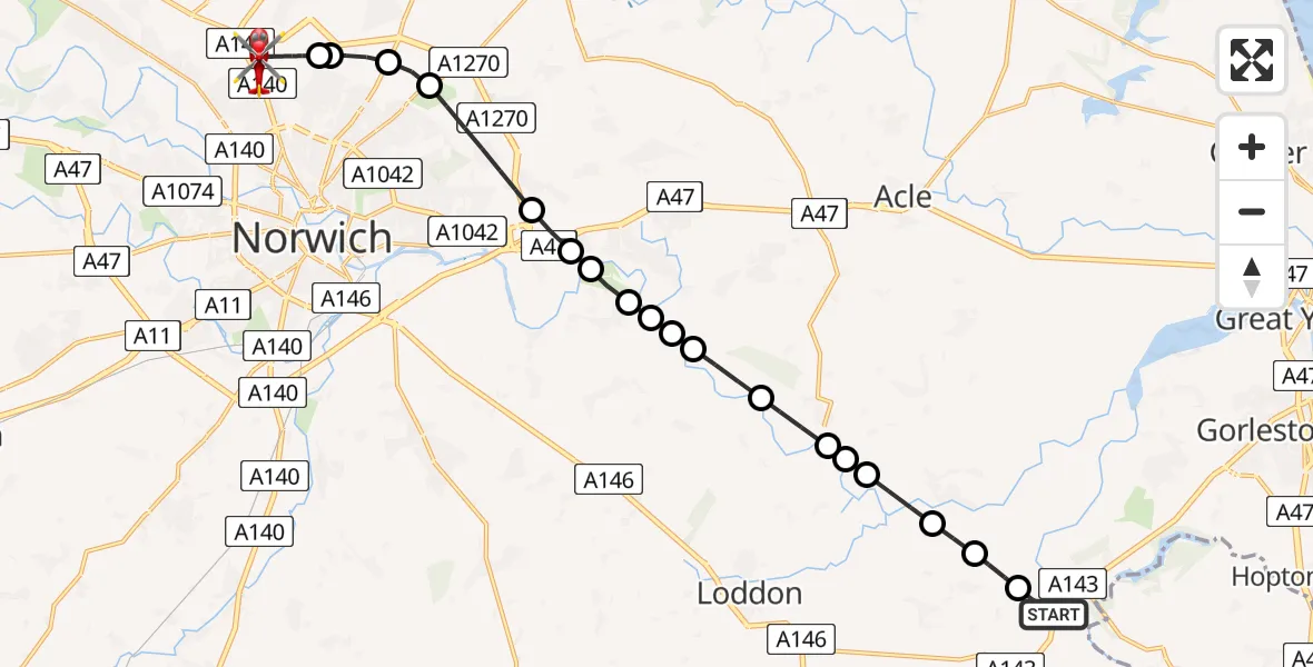 Flight route Air Ambulance Helicopter Haddiscoe - Norwich Airport, 04 July 2026, 21:02