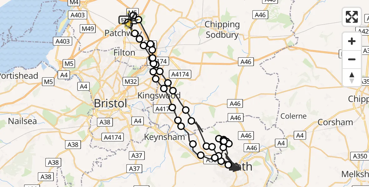 Flight route Police Helicopter Almondsbury Helicopter Base - Almondsbury Helicopter Base, 04 July 2026, 21:04