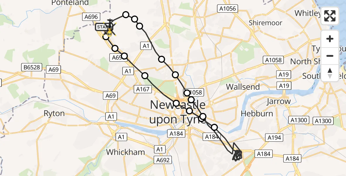 Flight route Police Helicopter Newcastle International Airport - Woolsington, 04 July 2026, 21:11