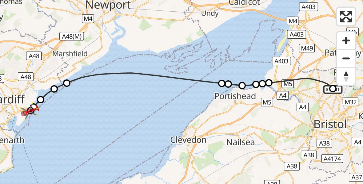 Flight route Air Ambulance Helicopter Southmead Hospital - Cardiff Heliport, 04 July 2026, 21:27