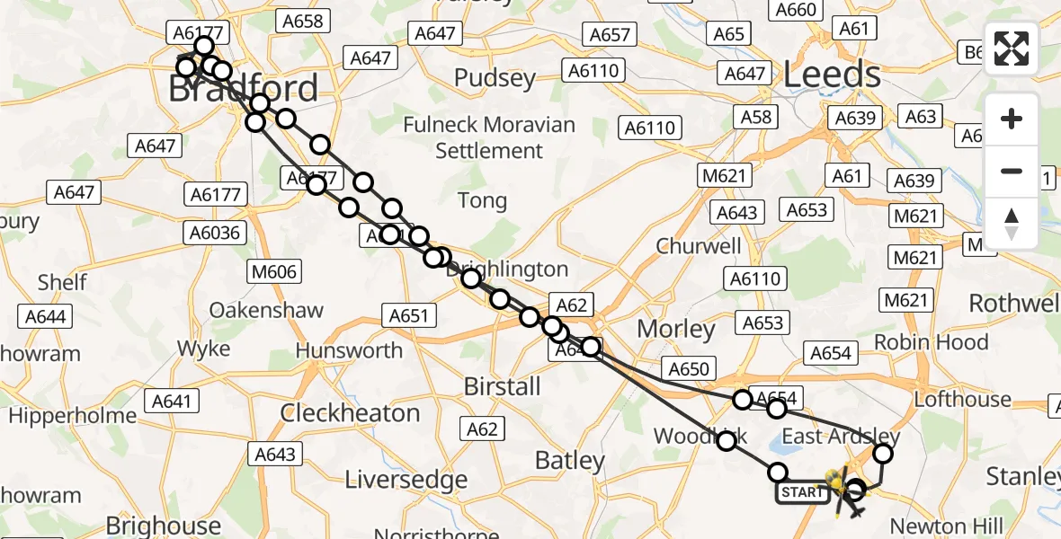 Flight route Police Helicopter East Ardsley - East Ardsley, 04 July 2026, 21:51
