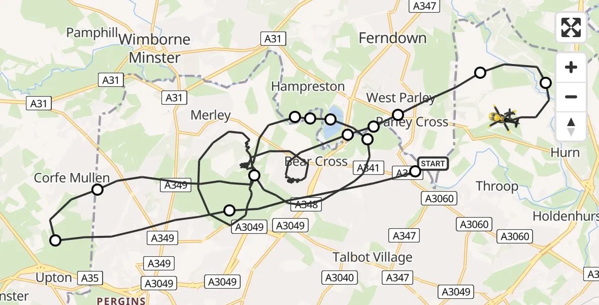 Flight route Police Helicopter Parley Cross - Bournemouth Airport, 04 July 2026, 22:14