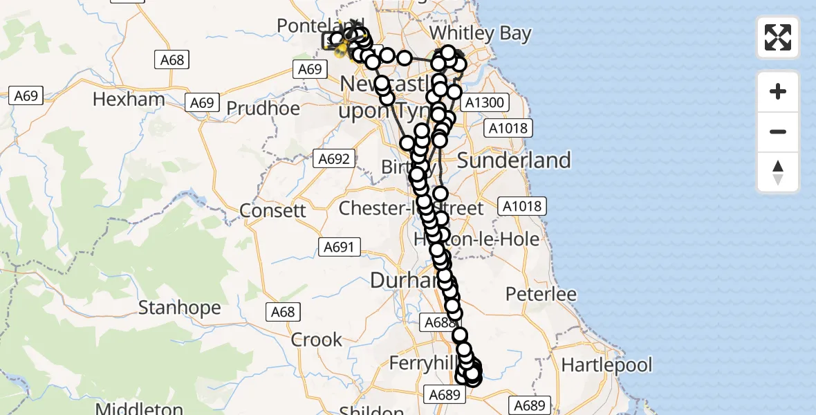 Flight route Police Helicopter Newcastle International Airport - Newcastle International Airport, 04 July 2026, 22:20