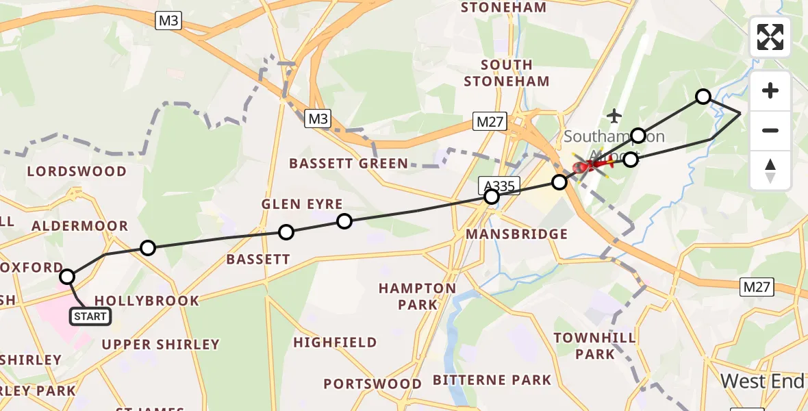 Flight route Air Ambulance Helicopter University Hospital Southampton - Southampton Airport, 04 July 2026, 22:26