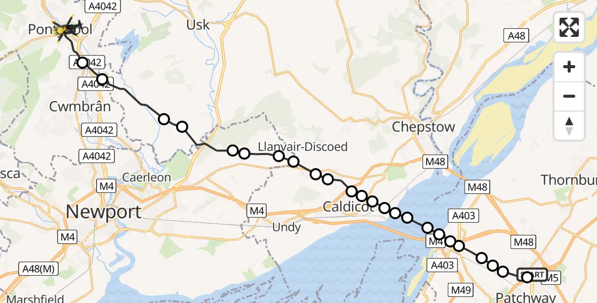 Flight route Police Helicopter Patchway - Pontypool, 04 July 2026, 22:55