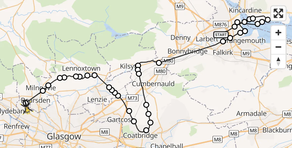 Flight route Police Helicopter Carronshore - Glasgow, 04 July 2026, 23:17