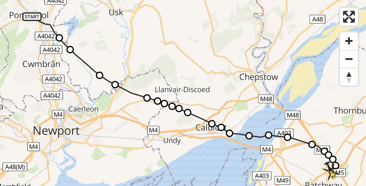 Flight route Police Helicopter Pontypool - Almondsbury Helicopter Base, 04 July 2026, 23:21