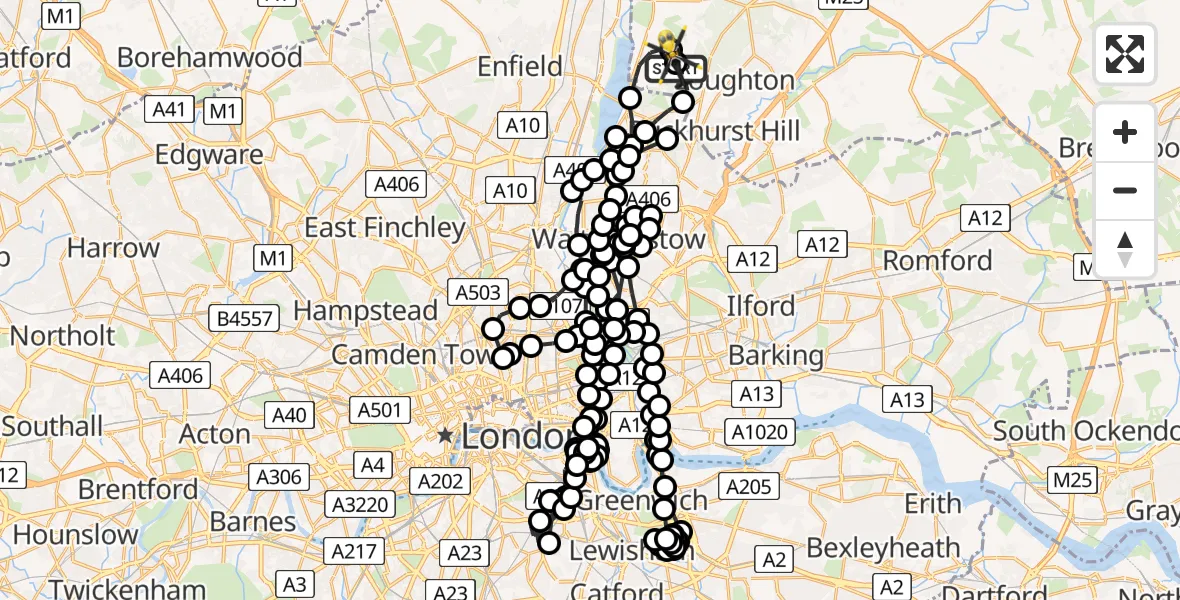 Flight route Police Helicopter Metropolitan Police Air Support Unit Lippitts Hill - Metropolitan Police Air Support Unit Lippitts Hill, 04 July 2026, 23:55