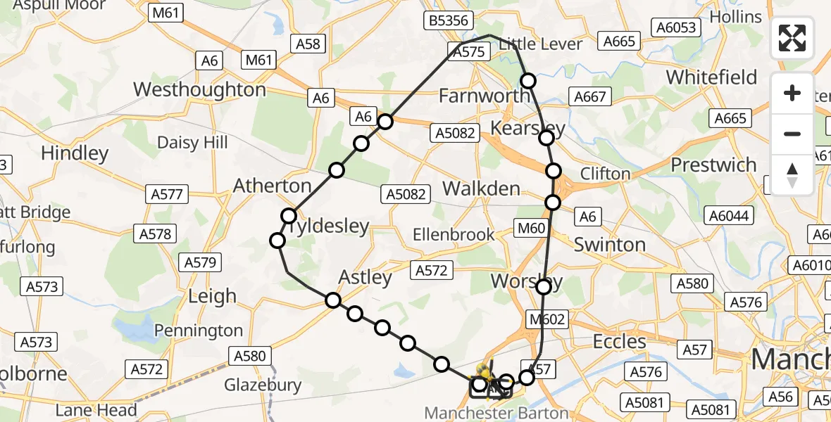 Flight route Police Helicopter Manchester Barton Aerodrome - Irlam, 05 July 2026, 00:11