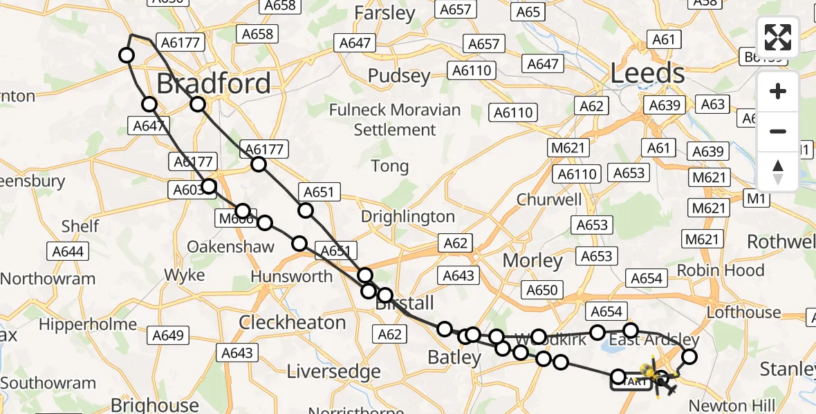 Flight route Police Helicopter East Ardsley - Brandy Carr, 05 July 2026, 00:23