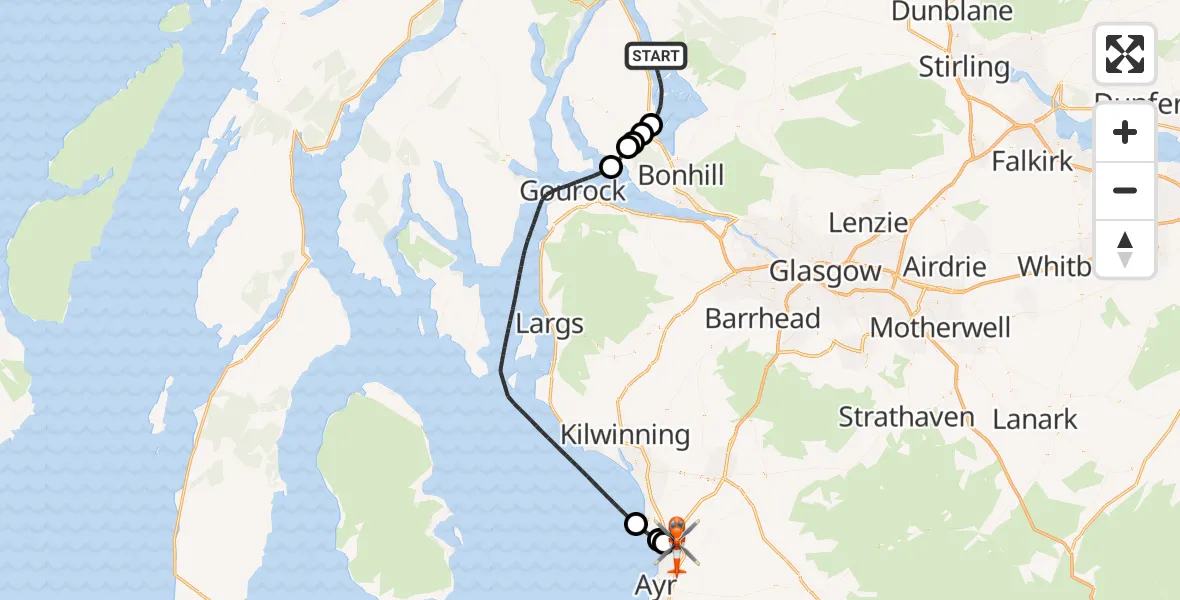 Flight route Coastguard Helicopter Loch Lomond - Glasgow Prestwick Airport, 05 July 2026, 00:37