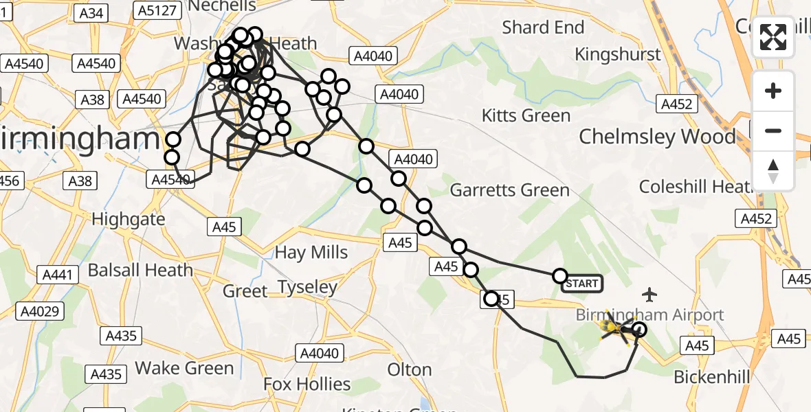 Flight route Police Helicopter Birmingham Airport - Solihull, 05 July 2026, 01:25