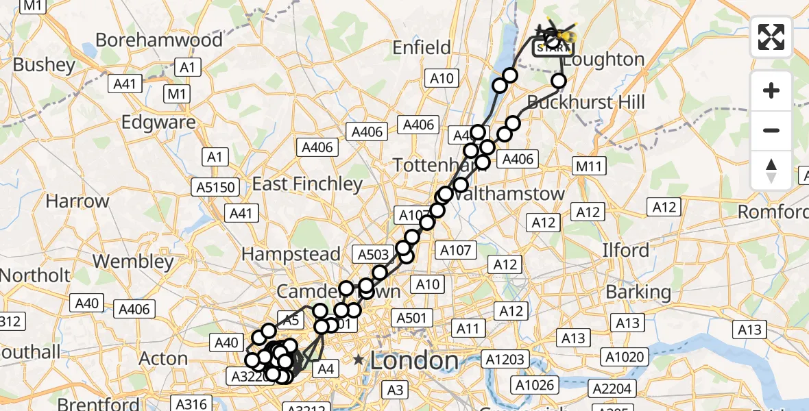 Flight route Police Helicopter Metropolitan Police Air Support Unit Lippitts Hill - Sewardstonebury, 05 July 2026, 02:25