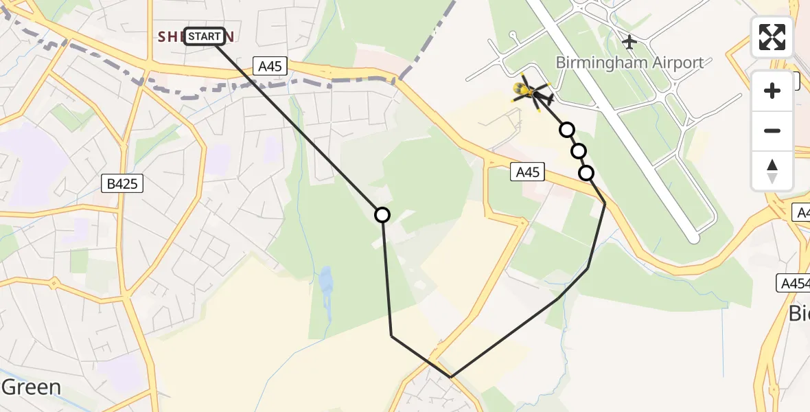 Flight route Police Helicopter Sheldon - Birmingham Airport, 05 July 2026, 02:30