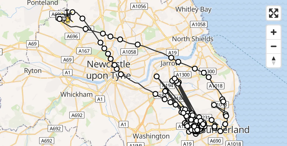 Flight route Police Helicopter Newcastle International Airport - Newcastle International Airport, 05 July 2026, 03:37