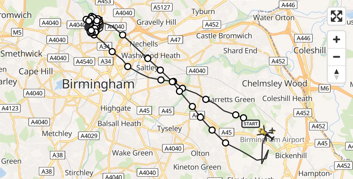 Flight route Police Helicopter Birmingham Airport - Birmingham Airport, 05 July 2026, 03:37