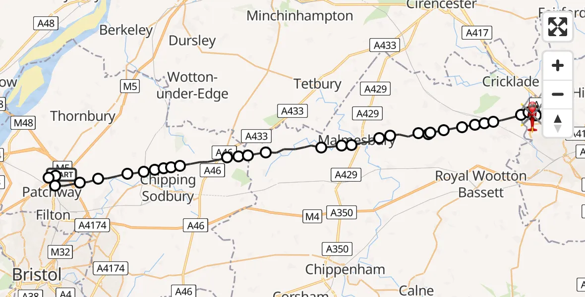 Flight route Air Ambulance Helicopter Almondsbury Helicopter Base - Blunsdon St Andrew, 05 July 2026, 06:45