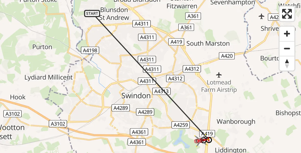 Flight route Air Ambulance Helicopter Blunsdon St Andrew - Great Western Hospital, 05 July 2026, 07:08