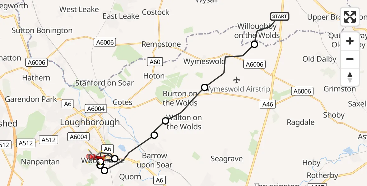 Flight route Air Ambulance Helicopter Willoughby on the Wolds - Woodthorpe, 05 July 2026, 07:50