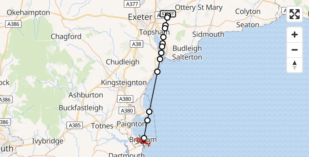 Flight route Air Ambulance Helicopter Exeter International Airport - Brixham, 05 July 2026, 07:52