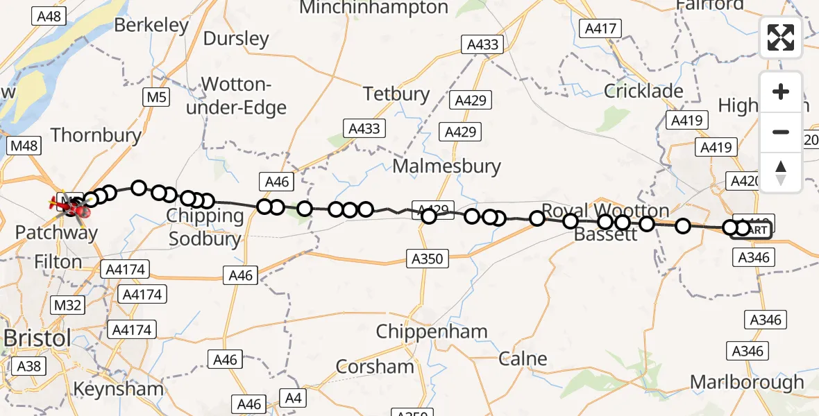 Flight route Air Ambulance Helicopter Great Western Hospital - Almondsbury Helicopter Base, 05 July 2026, 07:59