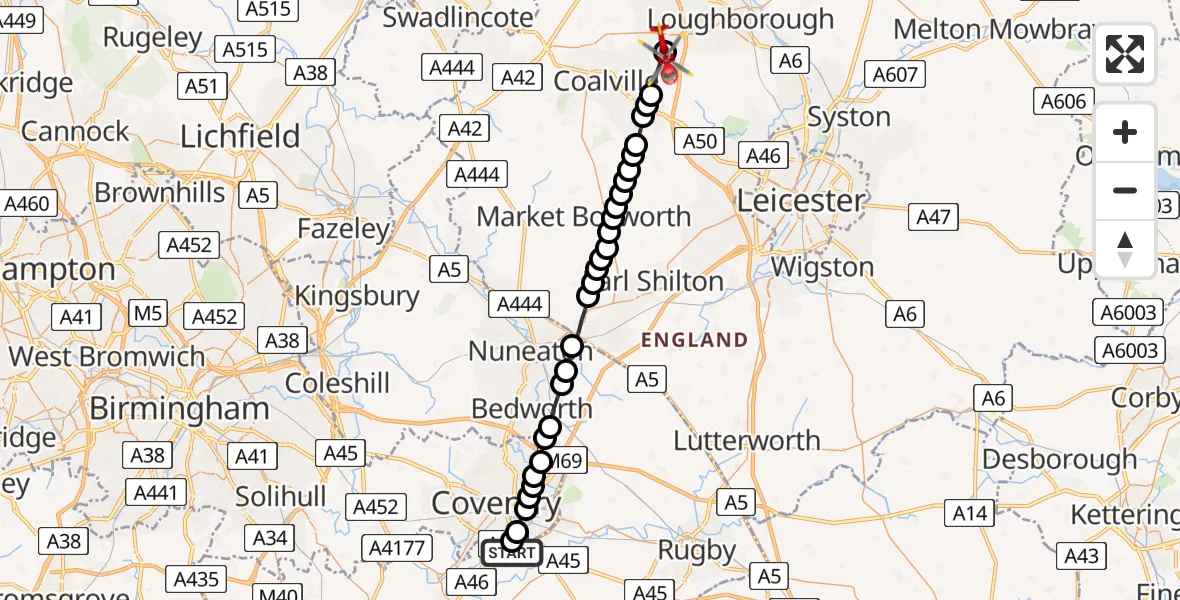Flight route Air Ambulance Helicopter Coventry Airport - Shepshed, 05 July 2026, 07:59
