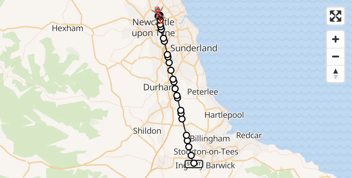Flight route Air Ambulance Helicopter Egglescliffe - High Heaton, 05 July 2026, 08:43