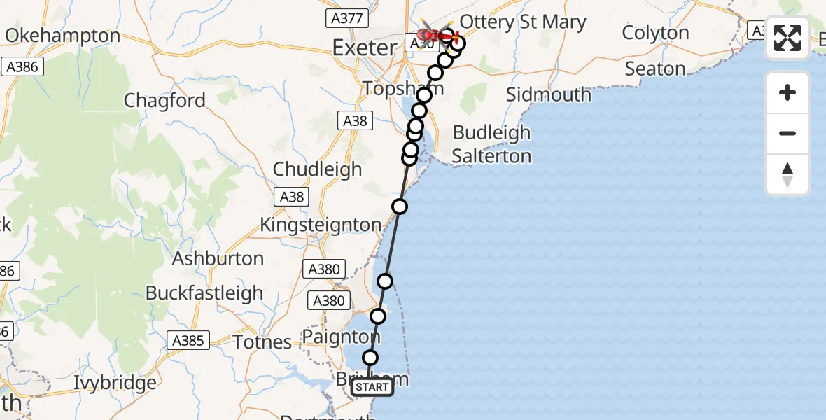 Flight route Air Ambulance Helicopter Brixham - Exeter International Airport, 05 July 2026, 08:48