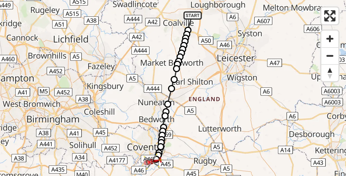 Flight route Air Ambulance Helicopter North West Leicestershire - Coventry Airport, 05 July 2026, 08:52