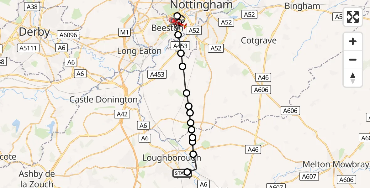 Flight route Air Ambulance Helicopter Woodthorpe - Beeston, 05 July 2026, 09:02