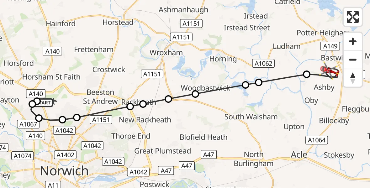 Flight route Air Ambulance Helicopter Norwich Airport - Great Yarmouth, 05 July 2026, 09:12
