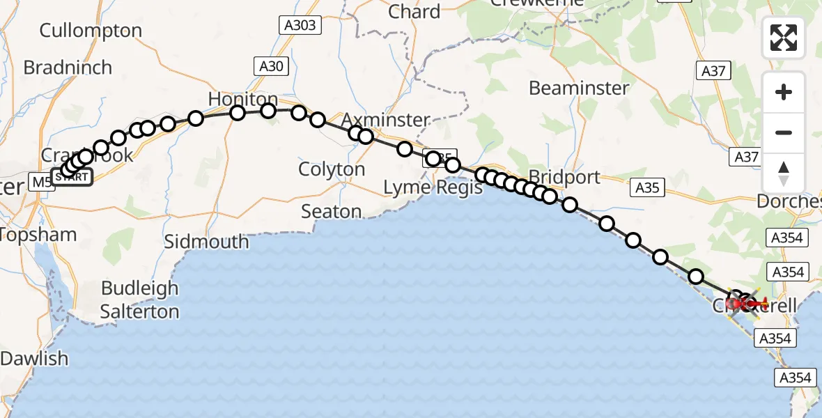 Flight route Air Ambulance Helicopter Exeter International Airport - Chickerell, 05 July 2026, 09:14