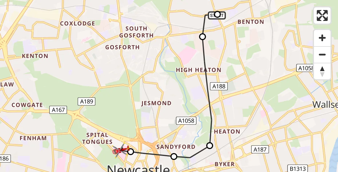 Flight route Air Ambulance Helicopter Forest Hall - Newcastle Royal Victoria Infirmary, 05 July 2026, 09:36