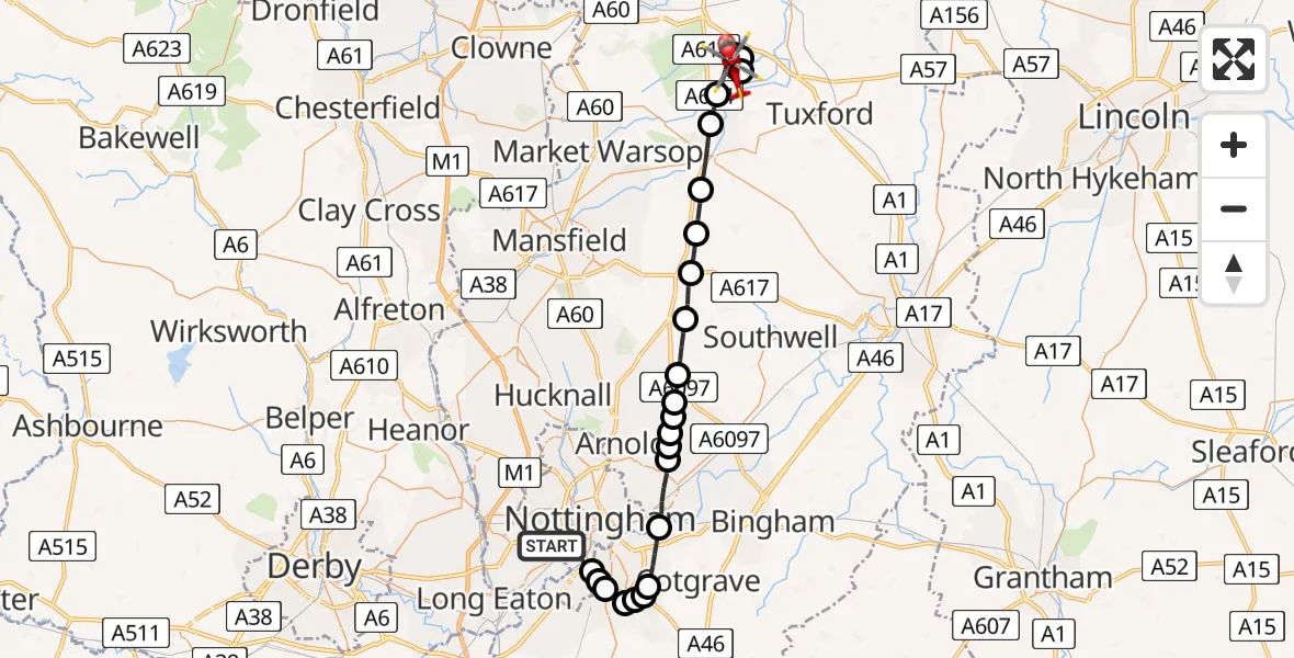 Flight route Air Ambulance Helicopter City of Nottingham - Bothamsall, 05 July 2026, 09:58
