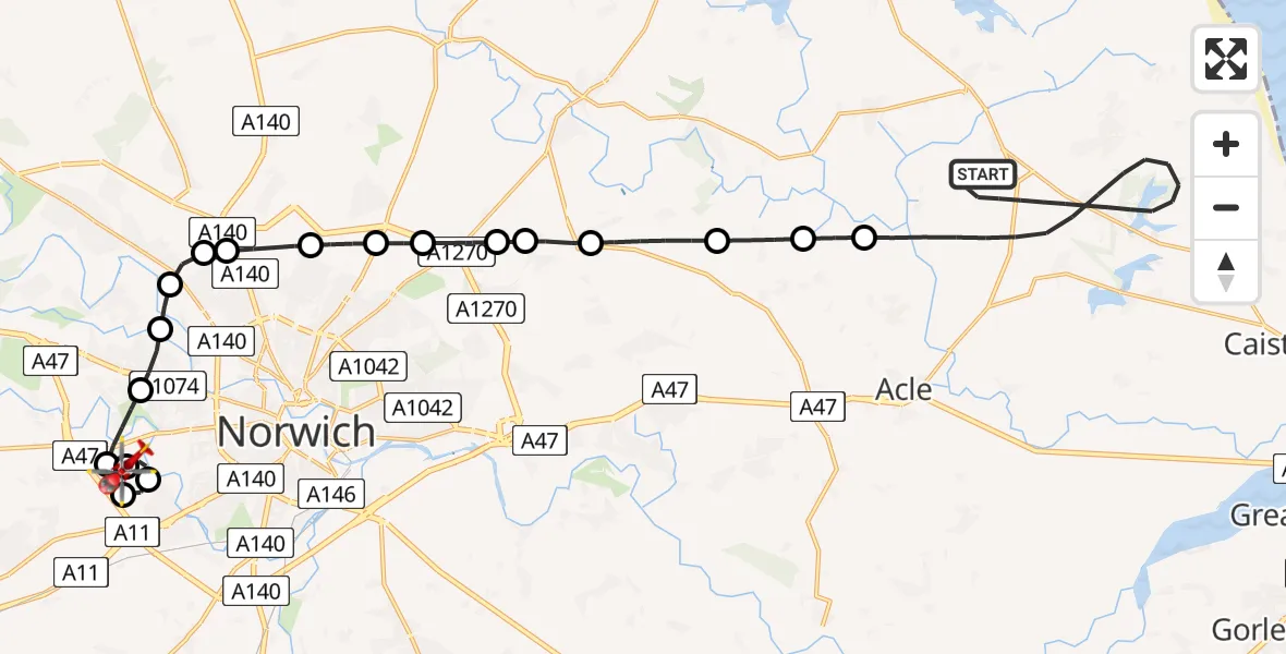 Flight route Air Ambulance Helicopter Great Yarmouth - Norfolk & Norwich Hospital, 05 July 2026, 10:27